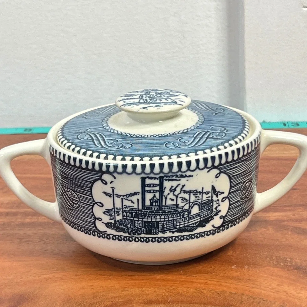 Vintage Currier & Ives Blue Steamboat Sugar Bowl with Lid Ceramic Transferware